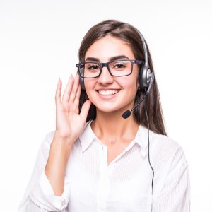 Pretty smiling girl in transperent glasses, wide smile, white shirt with headset isolated on white